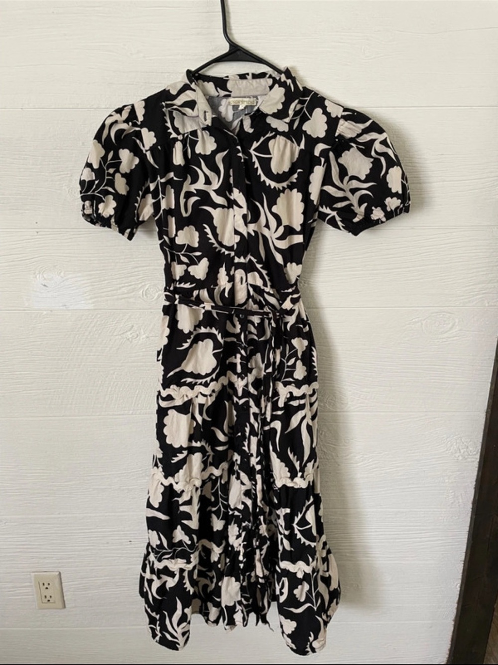 Black and Ivory Floral Maxi Dress with Puff Sleeves and Waist Tie